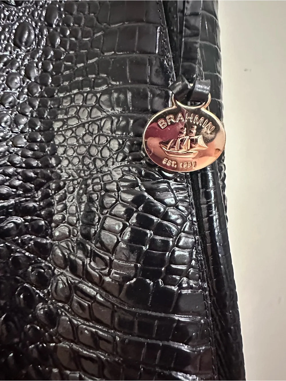Authentic Brahmin Black Croc-Embossed Tote Bag
